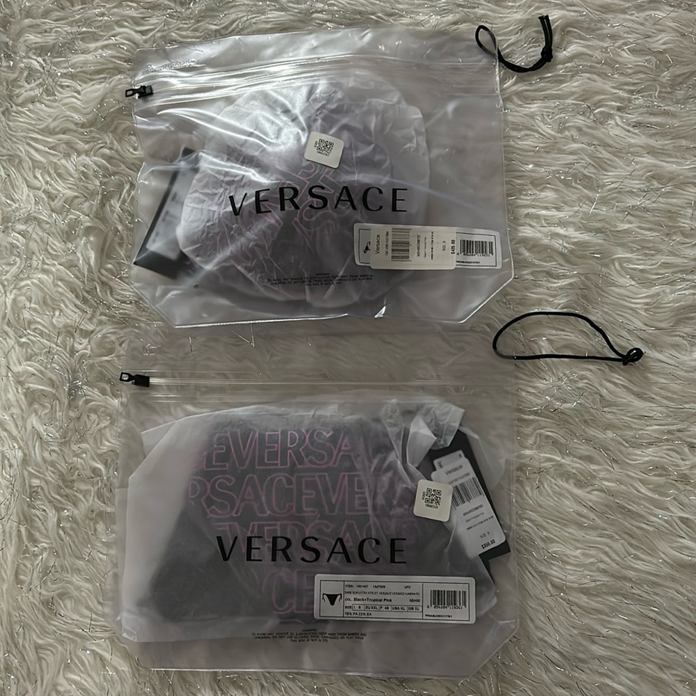 Authentic Versace metallic logo print bikini top & bottom black tropical pink